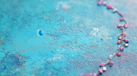 This beautiful close-up features a vibrant bracelet adorned with colorful stones against a striking textured turquoise background, showcasing artistic craftsmanship.の素材