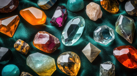 A stunning array of vibrant gemstones and crystals showcases a variety of colors and shapes, providing a mesmerizing visual experience on a soft fabric.の素材