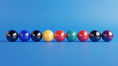 A striking image of colorful pool balls arranged in a straight line against a vibrant blue background, showcasing their glossy finishes and playful tones.の素材