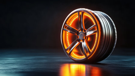 A stunning image of a futuristic car wheel featuring an illuminated orange rim, showcasing its sleek design against a dark backdrop. Perfect for automotive themes.の素材