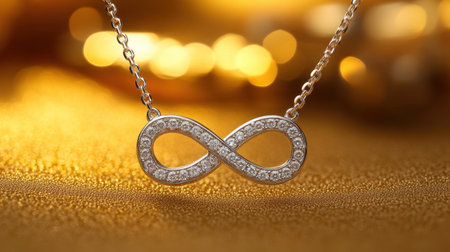 This close-up image captures a stunning silver necklace featuring an infinity symbol adorned with sparkling diamonds, evoking beauty and elegance.の素材