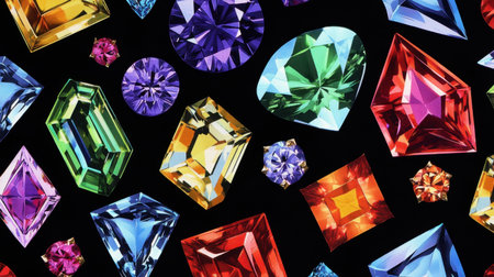 This captivating image showcases a stunning assortment of colorful gemstones and crystals in various shapes, perfect for decorative or fashion purposes.の素材