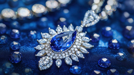 This stunning sapphire pendant showcases a pear-shaped gemstone surrounded by sparkling diamonds, perfect for luxury fashion or elegant gifts.の素材