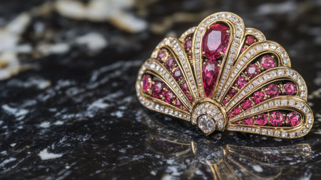 This exquisite vintage brooch features a stunning arrangement of pink gemstones and diamonds, showcasing intricate craftsmanship against a dark marble background.の素材