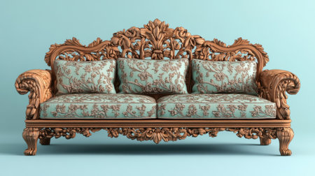 This vintage wooden sofa features elaborate carvings and elegant floral cushions, adding charm to any living space. Ideal for classic decor.の素材