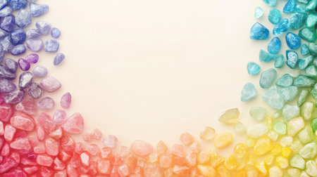 A stunning arrangement of colorful gemstones creates a vibrant rainbow spectrum against a soft background. Perfect for artwork and creative projects.の素材