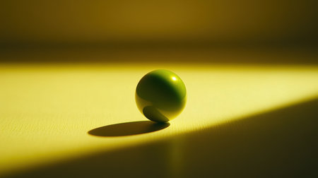 A solitary green marble sphere rests on a yellow surface, casting a soft shadow. The subtle light creates a harmonious blend of colors, emphasizing simplicity.の素材