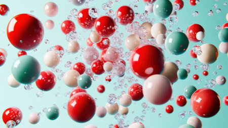 This vibrant abstract image showcases a dynamic arrangement of colorful spheres and bubbles floating in a light blue background, enhancing visual depth.の素材