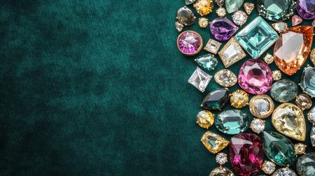 This stunning image showcases a vibrant assortment of colorful gems and precious stones arranged artistically on a dark green velvet background.の素材