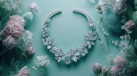 An exquisite silver necklace adorned with sparkling gems, elegantly displayed on a soft green background, surrounded by blooming flowers, showcasing beauty and luxury.の素材