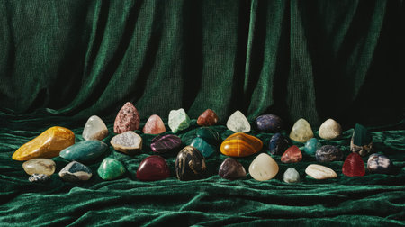 This image showcases a stunning array of colorful gems and crystals arranged artistically on a lush green fabric backdrop, reflecting beauty and elegance.の素材