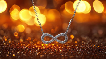This stunning silver infinity necklace features sparkling stones and rests against a mesmerizing golden bokeh background, perfect for showcasing beauty and elegance.の素材