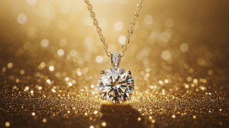 This stunning image captures an elegant diamond pendant necklace against a glittering gold backdrop, evoking luxury and charm perfect for any fashion enthusiast.の素材