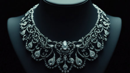 This image features an elegant diamond necklace displayed against a black background, highlighting its intricate design and sparkling jewels, perfect for showcasing luxury.の素材