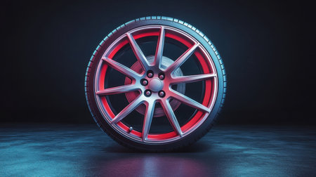 This striking image features a modern sports car wheel with vibrant red accents set against a dark studio background, highlighting its sleek design.の素材
