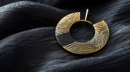 This exquisite gold hoop earring features a textured design, set against a luxurious black fabric background, perfect for showcasing elegance and style.の素材
