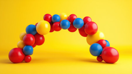A vibrant balloon arch featuring red, blue, and yellow balloons against a bright yellow background, perfect for festive celebrations and events.の素材