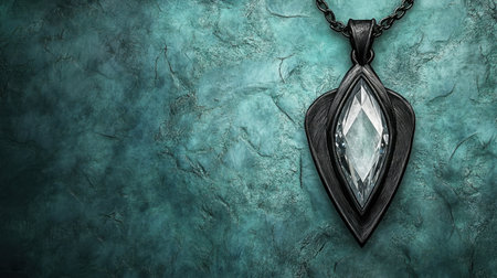 Stunning black pendant featuring a clear gemstone, set against a dark teal textured background, ideal for jewelry promotion and elegant styling.の素材