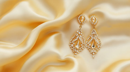 Stunning gold dangle earrings adorned with pearls and gemstones resting on a luxurious yellow satin fabric, ideal for fashion highlights and elegant displays.の素材