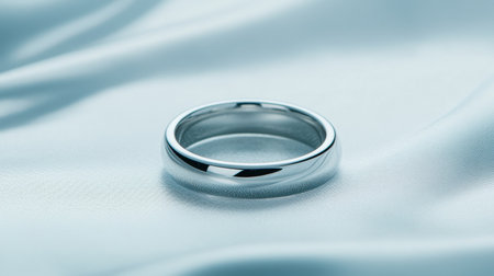 A striking silver wedding band rests elegantly on soft blue satin, symbolizing timeless romance and commitment in its smooth, polished design.の素材