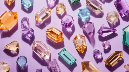 A stunning collection of colorful gems and crystals of different shapes and sizes displayed on a soft purple background, creating a vibrant and eye-catching arrangement.の素材