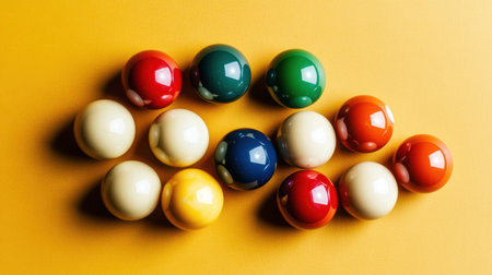 A vibrant arrangement of colorful pool balls on a bright yellow surface, perfect for representing leisure activities, gaming fun, and friendly competition.の素材
