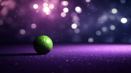 A captivating green sphere rests on a shimmering purple background filled with soft bokeh effects, creating a magical and tranquil atmosphere.の素材