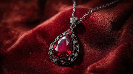 This stunning pendant necklace features a vibrant red gemstone set in intricate metalwork, resting elegantly on soft velvet. Ideal for fashion lovers looking for sophistication.の素材