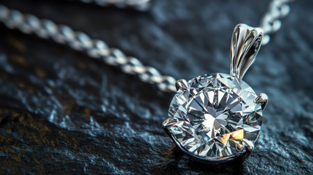 This exquisite close-up image features a brilliant round diamond pendant hanging from an elegantly twisted silver chain, capturing the light beautifully.の素材