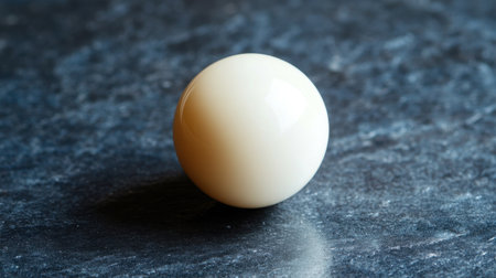 A smooth and glossy white sphere rests on a dark textured surface, featuring subtle reflections and soft natural lighting that enhances its minimalistic elegance.の素材