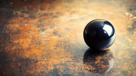This image showcases a shiny black sphere resting on a rustic, warm-toned surface, creating a captivating contrast. The smooth object reflects light beautifully, inviting viewers to appreciate the simplicity and elegance of its form.の素材