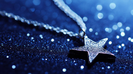 This captivating image showcases a sparkling silver star pendant necklace resting on a shimmering blue background, creating a dreamy atmosphere with sparkling bokeh effects.の素材