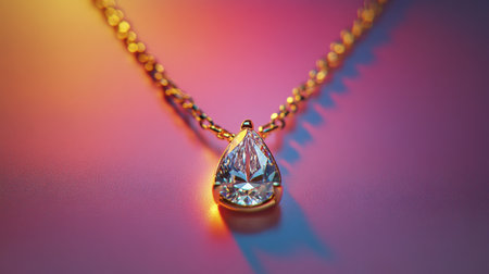 A stunning gold necklace featuring a teardrop-shaped diamond pendant glimmers against a vibrant and colorful background, showcasing elegance and luxury.の素材