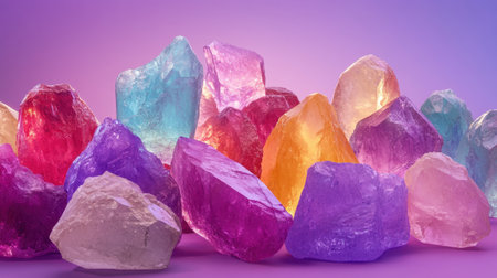 A stunning collection of vibrant natural crystals in various colors, displayed harmoniously against a soft purple background, ideal for creative projects.の素材