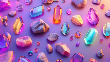 A striking arrangement of colorful crystals and gems scattered across a soft gradient background, showcasing their radiant shine and intricate textures.の素材