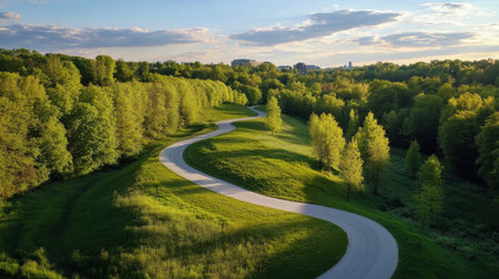 A scenic view of a winding pathway through a lush green forest, illuminated by golden hour sunlight, showcasing nature's beauty and tranquility.の素材