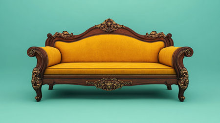 This elegant vintage sofa features intricate woodwork and vibrant yellow upholstery, perfect for adding a classic touch to any living space.の素材