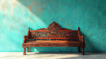 This stunning wooden bench features intricate carvings and is set against a vibrant turquoise wall, perfect for enhancing interior spaces with elegance.の素材
