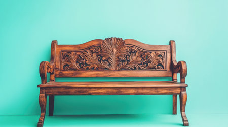 This beautifully crafted wooden bench showcases intricate carvings, set against a striking teal background. Ideal for interior design inspiration and decoration.の素材