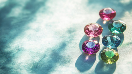 A stunning arrangement of colorful gemstones showcases their radiant beauty, casting delicate shadows on a soft surface. Bright hues create a visually appealing display.の素材