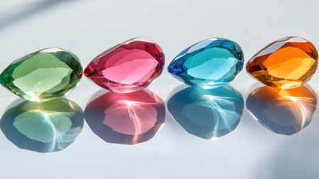 This captivating image features a collection of vibrant gemstones showcasing a range of colors and reflections on a sleek surface, emphasizing beauty and elegance.の素材