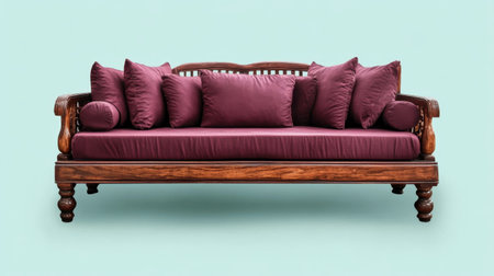 This image showcases an elegant traditional sofa adorned with plush cushions, set against a soothing light blue background, ideal for inspiring home decor ideas.の素材