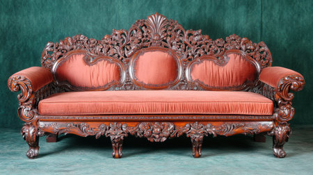 This stunning antique sofa showcases intricate wood carvings and luxurious upholstery, ideal for adding elegance to any home decor or vintage setting.の素材