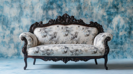 This stunning vintage sofa, adorned with intricate woodwork and elegant upholstery, provides an exquisite focal point for various interior environments.の素材