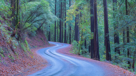 Discover the tranquility of a winding road nestled among towering trees in a vibrant forest during early autumn, perfect for nature lovers.の素材