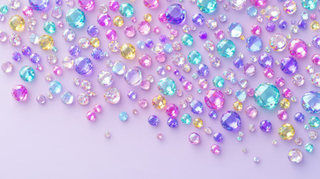 A captivating spread of colorful gemstones in various shapes and sizes glisten against a soft purple background, creating a vibrant, decorative visual ideal for designs.の素材