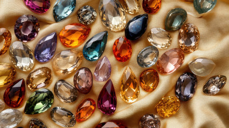A stunning collection of colorful loose gemstones beautifully arranged on soft satin fabric. Perfect for design or creativity projects and artistic inspirations.の素材