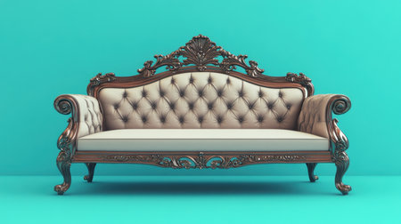 This stunning vintage sofa features exquisite wooden carvings and luxurious tufted upholstery, set against a vibrant teal background, perfect for stylish interiors.の素材