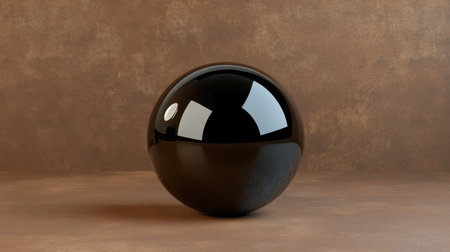 This image features a glossy black sphere resting on a textured brown surface, showcasing subtle reflections and highlights. The combination creates an artistic minimalist appeal, perfect for creative projects.の素材