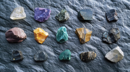 A visually appealing collection of various natural gemstones and minerals arranged on a dark stone surface, showcasing unique textures and colors.の素材